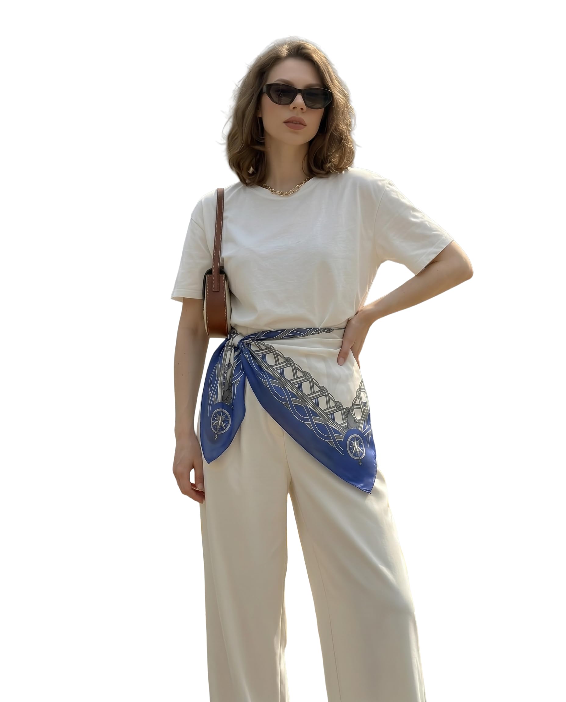 Designer Silk Scarf | Smooth Polyester Material | Blue & White Geometric Print | Trendy & Casual Wear Scarf For Women And Girls-image-14