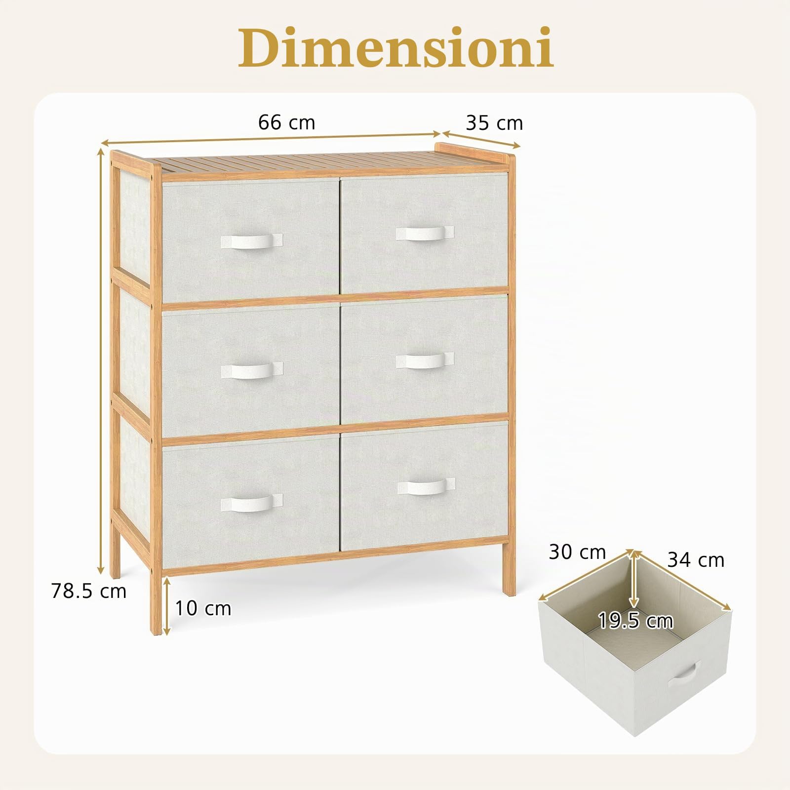 KOMFOTTEU Cassettiera con 6 cassetti pieghevoli in tessuto, cassettiera in bambù a 3 livelli, mobile organizer con dispositivo antiribaltamento, armadio di stoccaggio per camera da letto, soggiorno