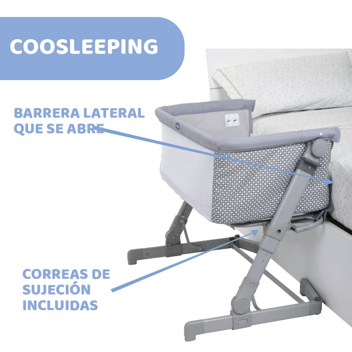 Chicco Next2Me Go, Cuna Colecho Bebé, Compatible con Varias Camas, Altura Ajustable, Buena Circulación de Aire, Cuna de Viaje, Gris Claro