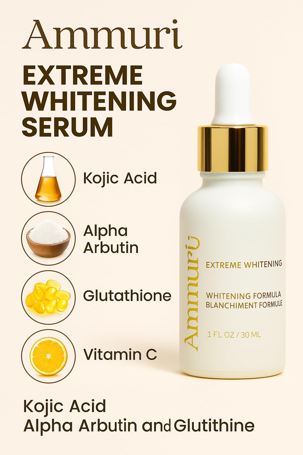 AmmuRi Extreme Whitening Vitamin C Kojisäure Serum - Aufhellendes & feuchtigkeitsspendendes Gesichtsserum für feine Linien & ungleichmäßigen Hautton, 2er Set
