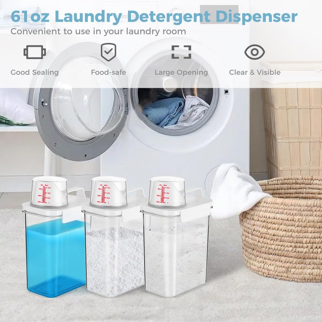 Confezione da 3 dispenser per detersivo per bucato, contenitori ermetici trasparenti per detersivi liquidi e in polvere, ammorbidenti e perline, con misurino e coperchio di tenuta