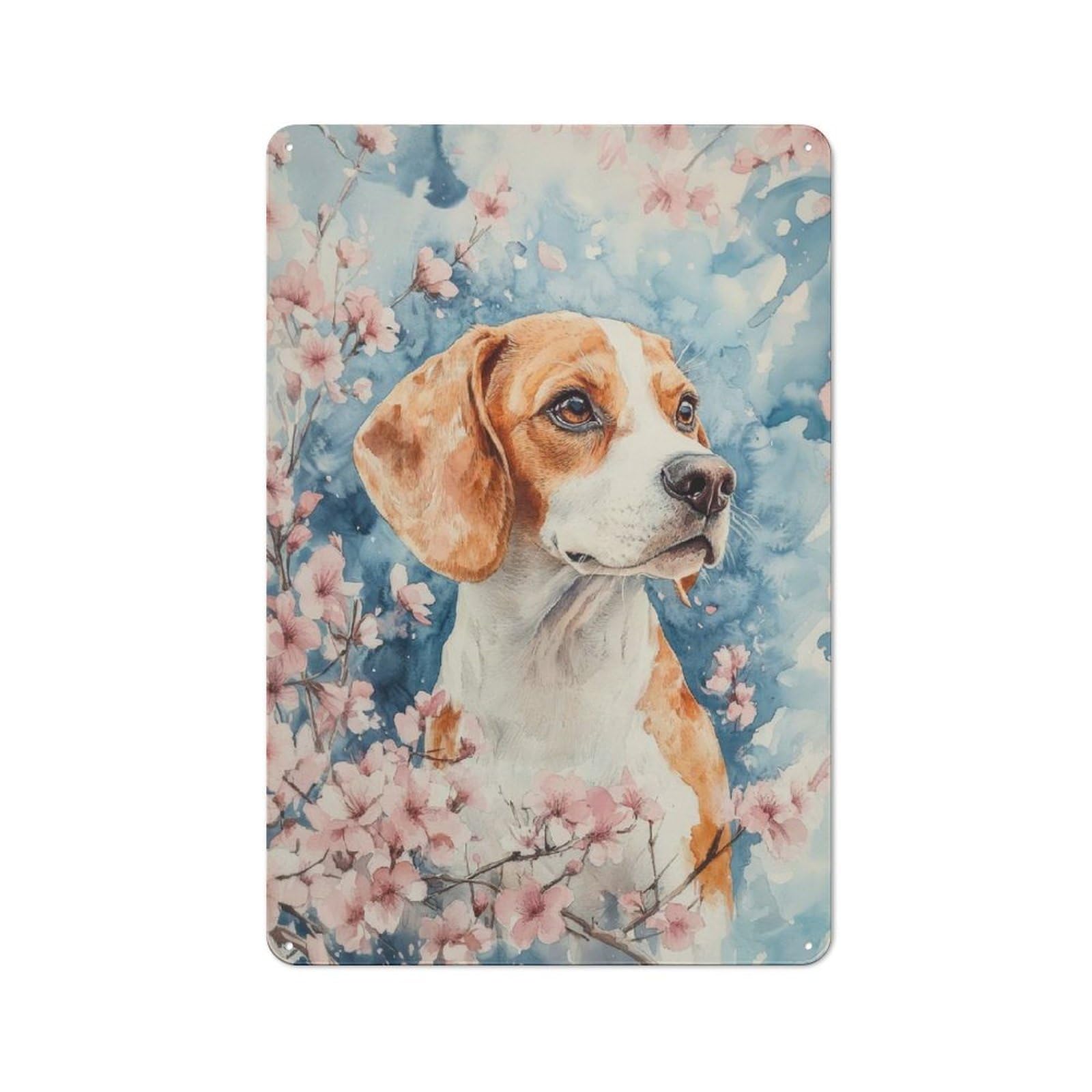 Junmoney Beagle Dog With Cherry Blossoms Watercolor F Tin Wall Plaque 30X20cm With Loral Beagle Poster For Pub Or Café, With Clear Vintage Wall Decor Character