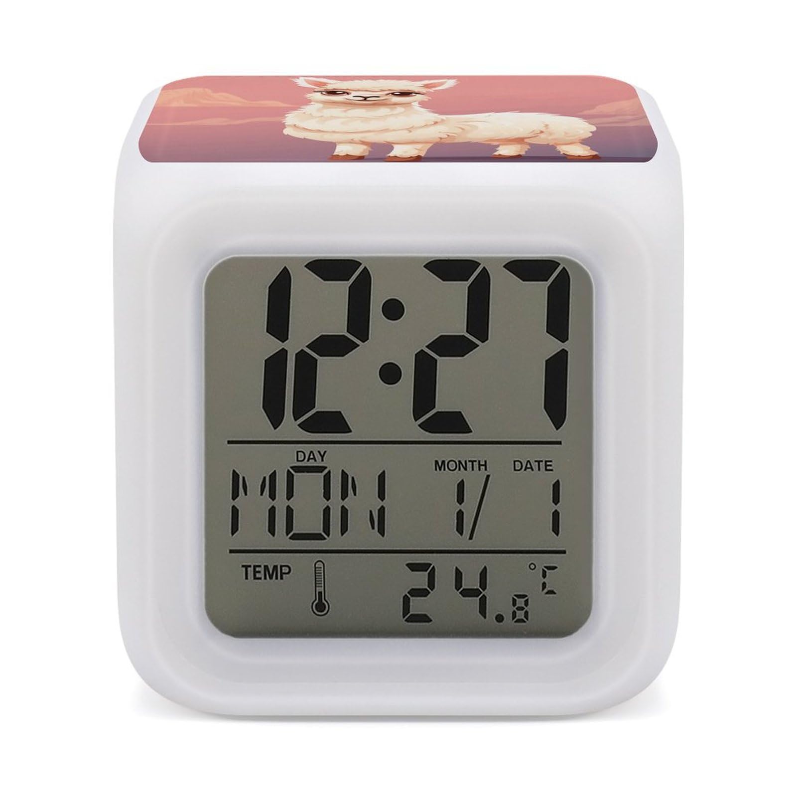 JTREHY 7 Color Changing LED Digital Alarm Clock,Cute Llama Printed Wake-up Clock with Temperature Display Home Decoration Alarm Clock for Bedroom Office