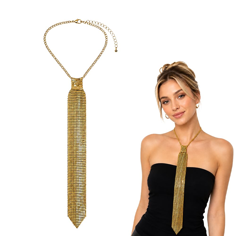 lunictto Gold Rhinestone Tie Necklace for Women, Adjustable