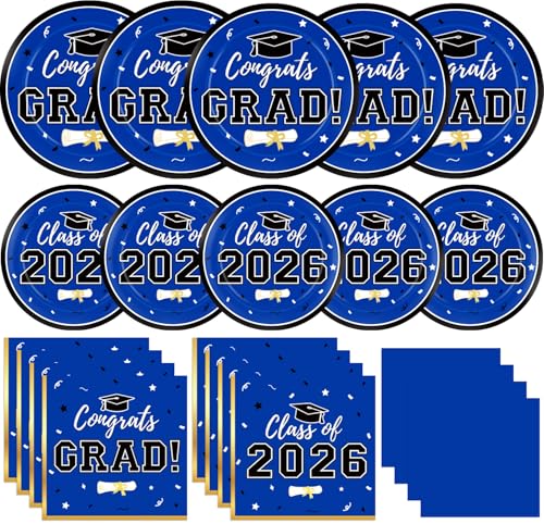 Labrostar Graduation Decorations 2026 Class of 2026 Congrats Grad Disposable Paper Plates Luncheon Napkins Cocktail Napkins Blue Graduation Party Supplies Serve 50