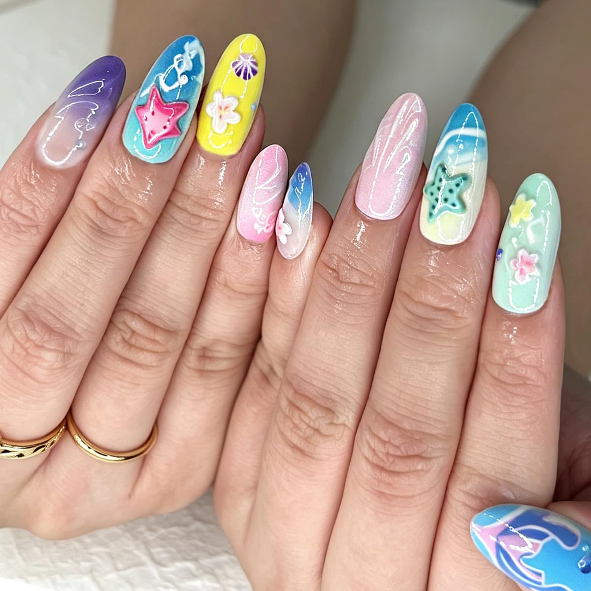3D Press On Nails Almond Medium - Summer Beach Designs