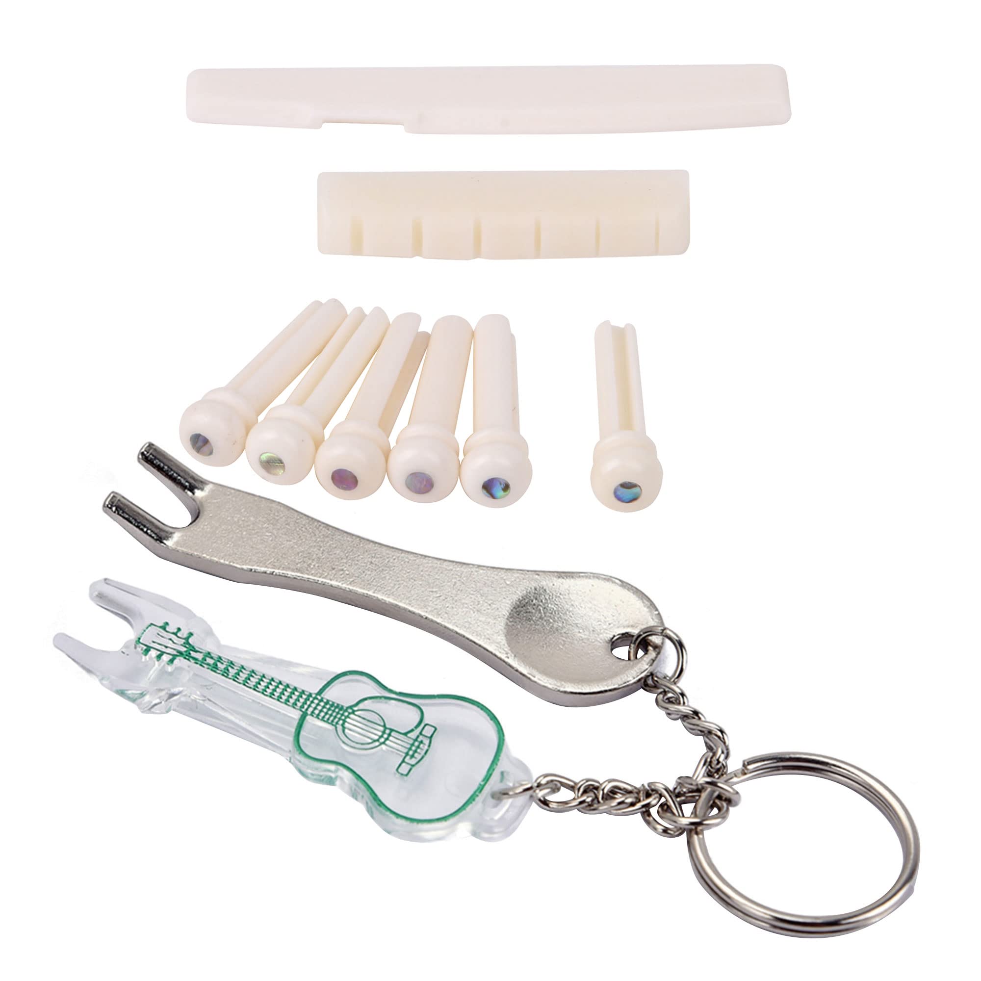 Yibuy 6x Guitar Bridge Bone Pins Pegs Set w/Saddle & Nut and 2x Puller Tool