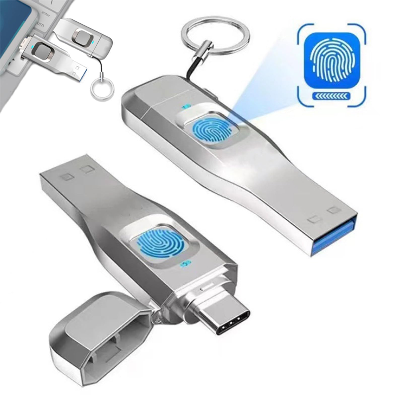 Chiavetta USB da 128 GB con Impronta Digitale, unità Flash USB 3.0 con Crittografia delle Impronte Digitali, Doppia Porta Type-C per Telefono, Computer, Tablet, 60 X 20 X 7 Mm