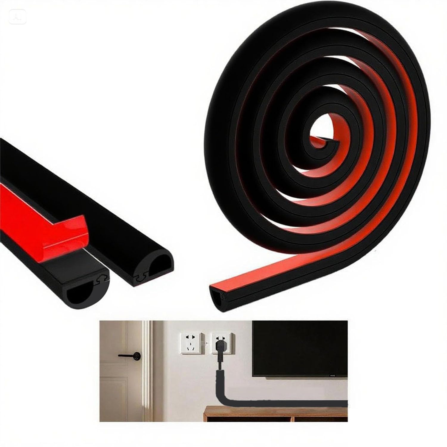 Mini Cable Trunking, Self Adhesive Trunking for Electric Cables, Soft PVC Side Opening Wire Covers for Cables, Cable Hiders for Wall Mounted TV, Hide Wires on Wall and Floor (Black, 1m) — image 1