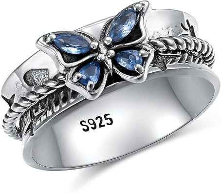 Ladytree Butterfly Fidget Ring S925 Sterling Silver Elephant Butterflies Blue CZ Anxiety Relieving Spinner Rings ADHD Relief Stress for Women Daughter Mom
