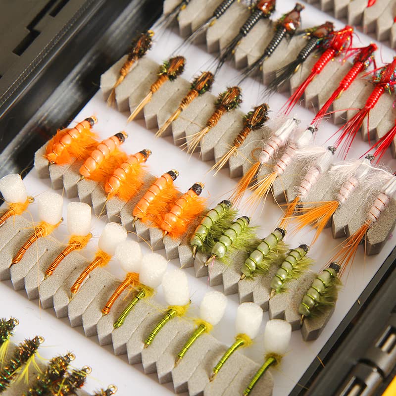 Fly Fishing Flies with Waterproof Fly Box Kit for Bass Trout Salmon 32Pcs/48Pcs/88Pcs/100Pcs Premium Hand-Tied Dry Flies, Nymphs, Scud Streamers Lures Starter Kit with Hooks