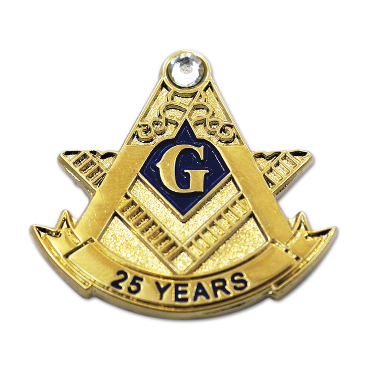 The Masonic Exchange25 Years Square & Compass with Rhinestone Gold Masonic Lapel Pin - [1" Tall]