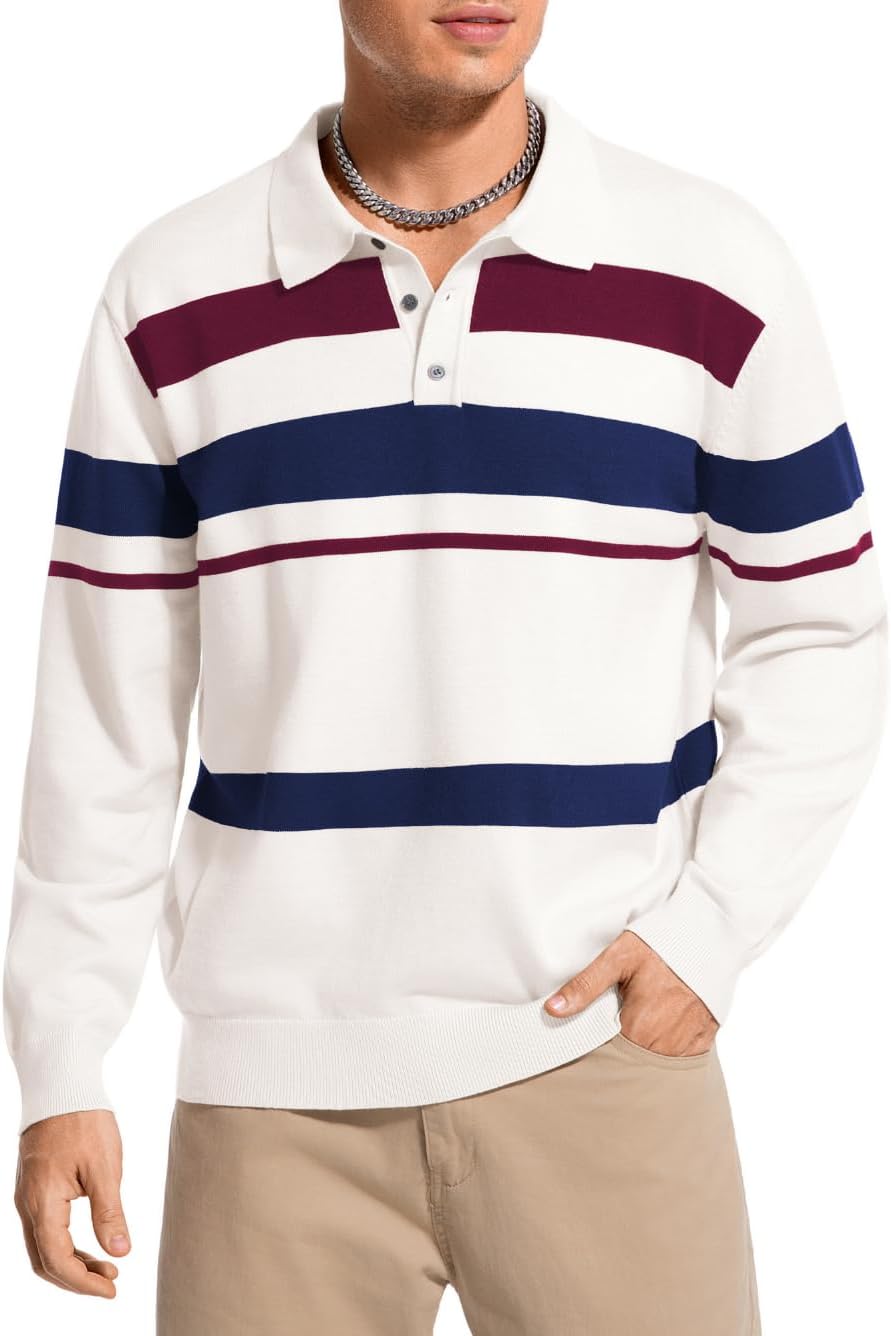ChiaoLezhee Striped Polo Sweater for Men, Color Block, Fall Clothes, Vintage Fashion Lightweight Long Sleeve Crochet Knit