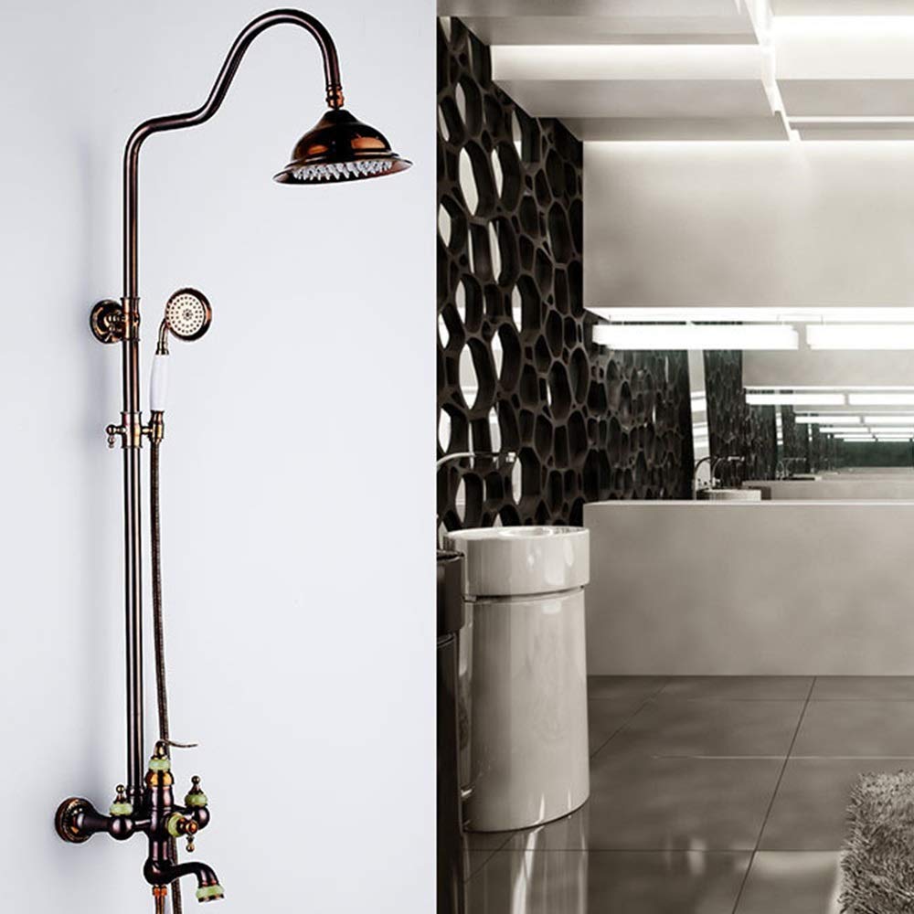 OZBMA Shower Set European Bathroom Jade Decoration Copper Hand System Booster Nozzle Faucet Adjustable Height Champagne Bronze 3 Function Round Top Spray Delicate Bathr