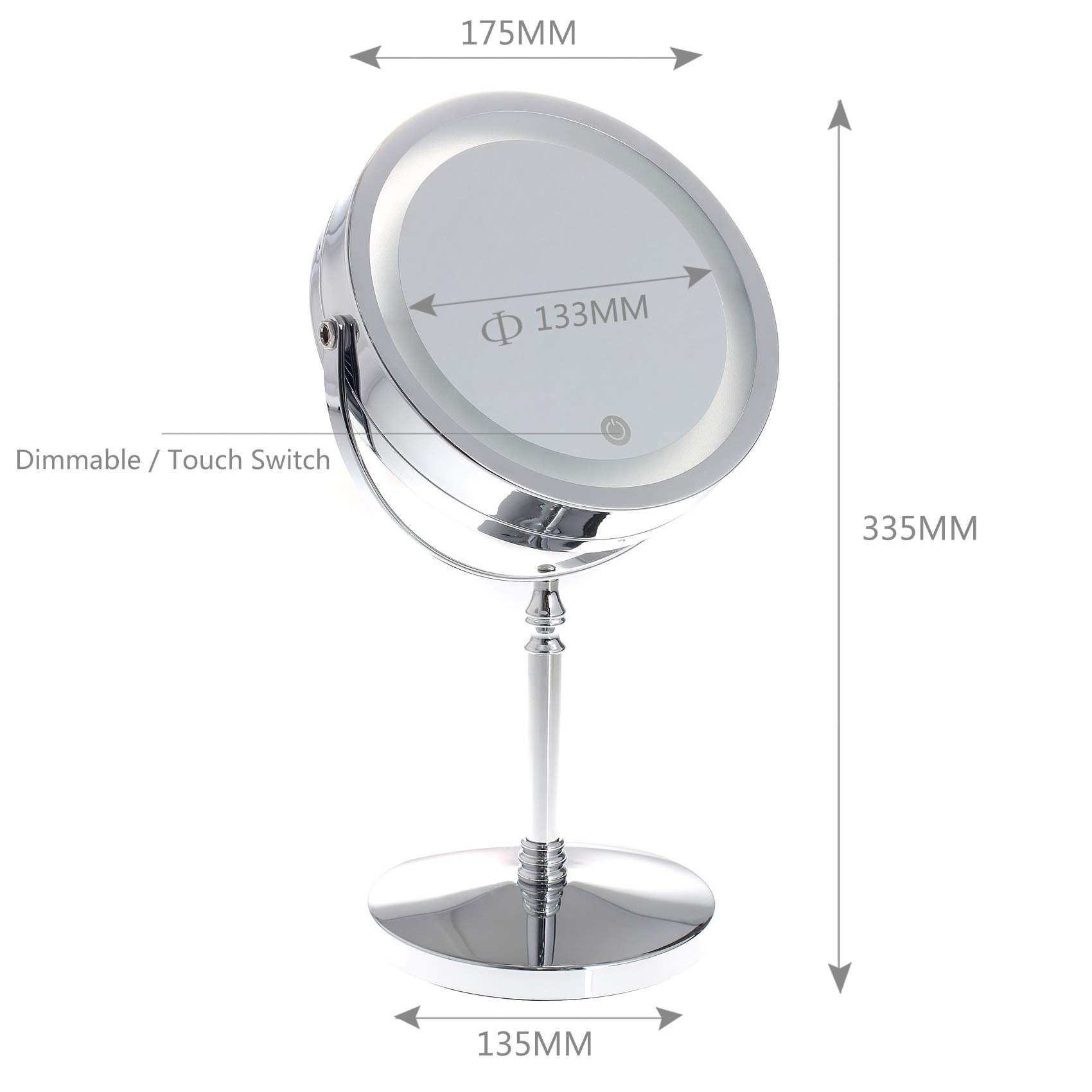 TKD3144-5x przyciemniane lusterko kosmetyczne LED, 5-krotne powiększenie, 7", podświetlane lusterko do makijażu, dwustronne urządzenie do golenia z funkcją dotykową, zasilanie bateryjne + wtyczka EU,