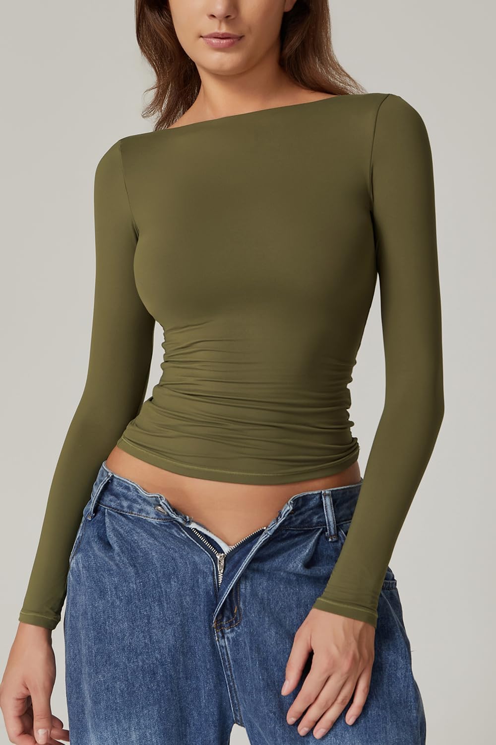 QINSEN Women's Sexy Open Back Long Sleeve Shirts High Neck Double Lined Tees Fitted Going Out Tops - Image 6