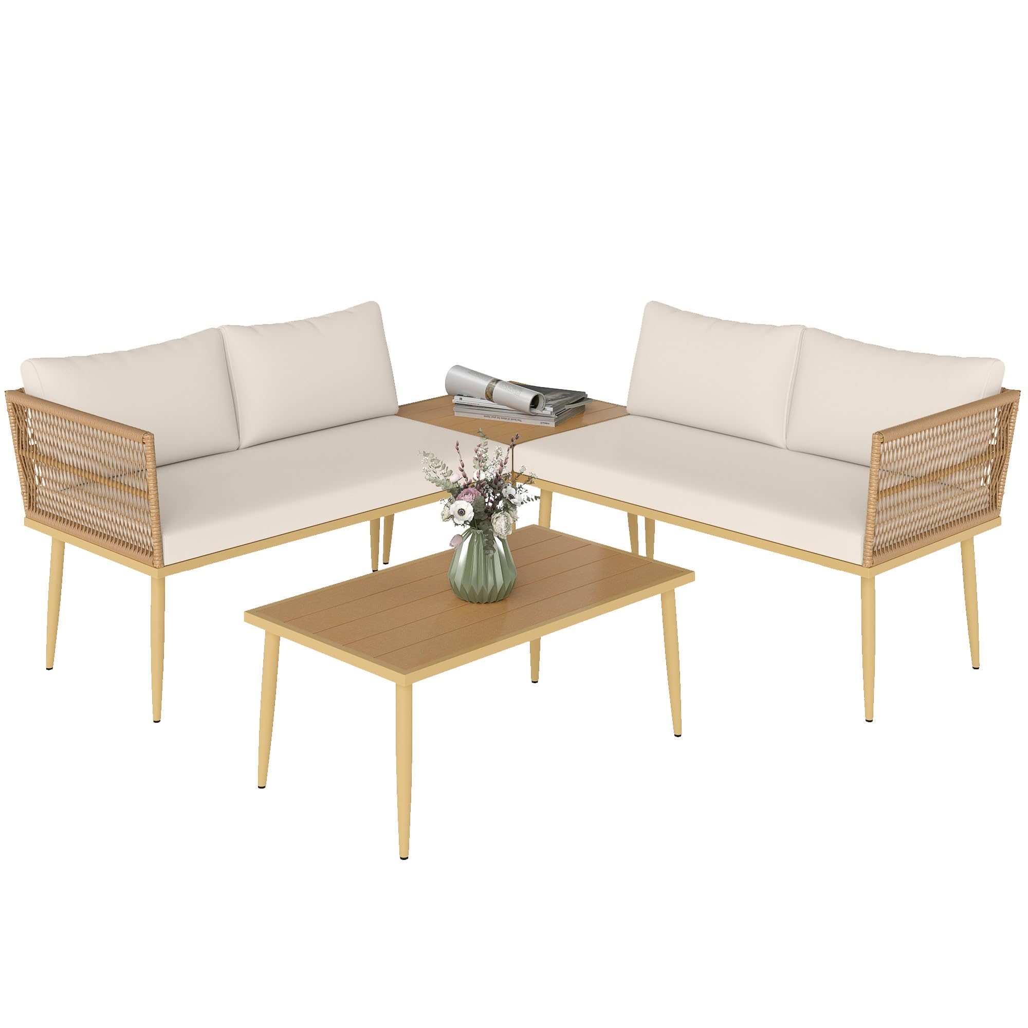 Outsunny Set di Mobili da Giardino in Rattan 4 Pezzi, Salotto da Esterno con 2 Divano a 2 Posti, 2 Tavoli da Caffè e Cuscini Lavabili, Struttura in Acciaio, Anti UV, Naturale e Crema