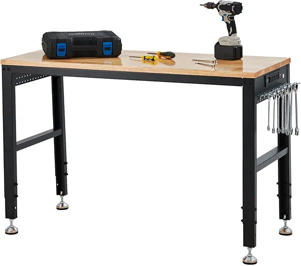 GarveeTech Adjustable Workbench 60"x20", 2000 lbs Load Capacity, Height Adjustable 29.5"-38.4", Ideal Heavy-Duty Garage Worktable with Built-in Power Outlet for Home, Office & Workshop