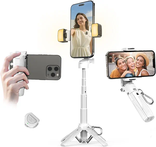 Linber Mini Selfie Stick with 2 Fill Lights: Portable Phone Tripod with Remote and Cold Shoe Mount - Pocket Size Selfie Tripod for iPhone Android, Live Streaming, Video Recording(White)