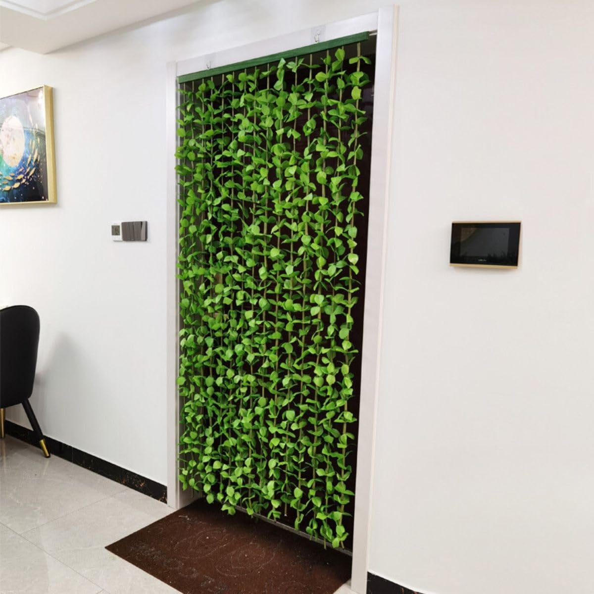 Rideau de Porte décoratif à Perles en Forme de Feuille de Bambou Verte, Rideau à chaînette pour intimité, 70 cm à 120 cm, Rideau à Rayures et Pompons (100 x 200 cm)