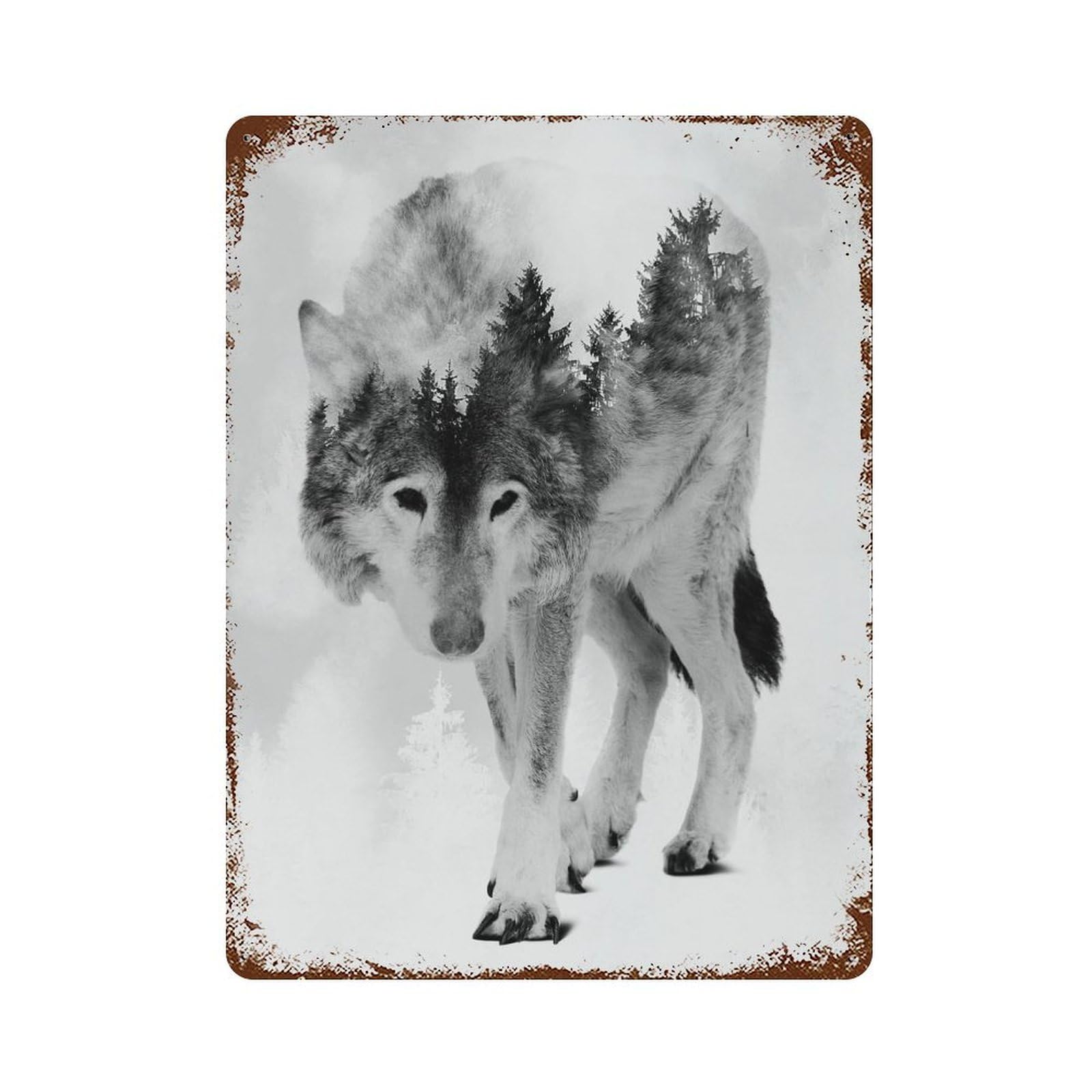 Wolf And Forest 8 Rust Effect Tin Sign 15.7"x11.8", Vintage Wall Decor for Bistro, Counter And Cafe Decor