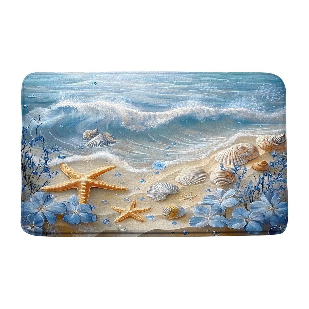 VPUPCN Nautical Coastal Bath Mat Beach Starfish Seashell Blue Flower Ocean Waves Marine Life Modern Microfiber Memory Foam Bathroom Rug Doormat