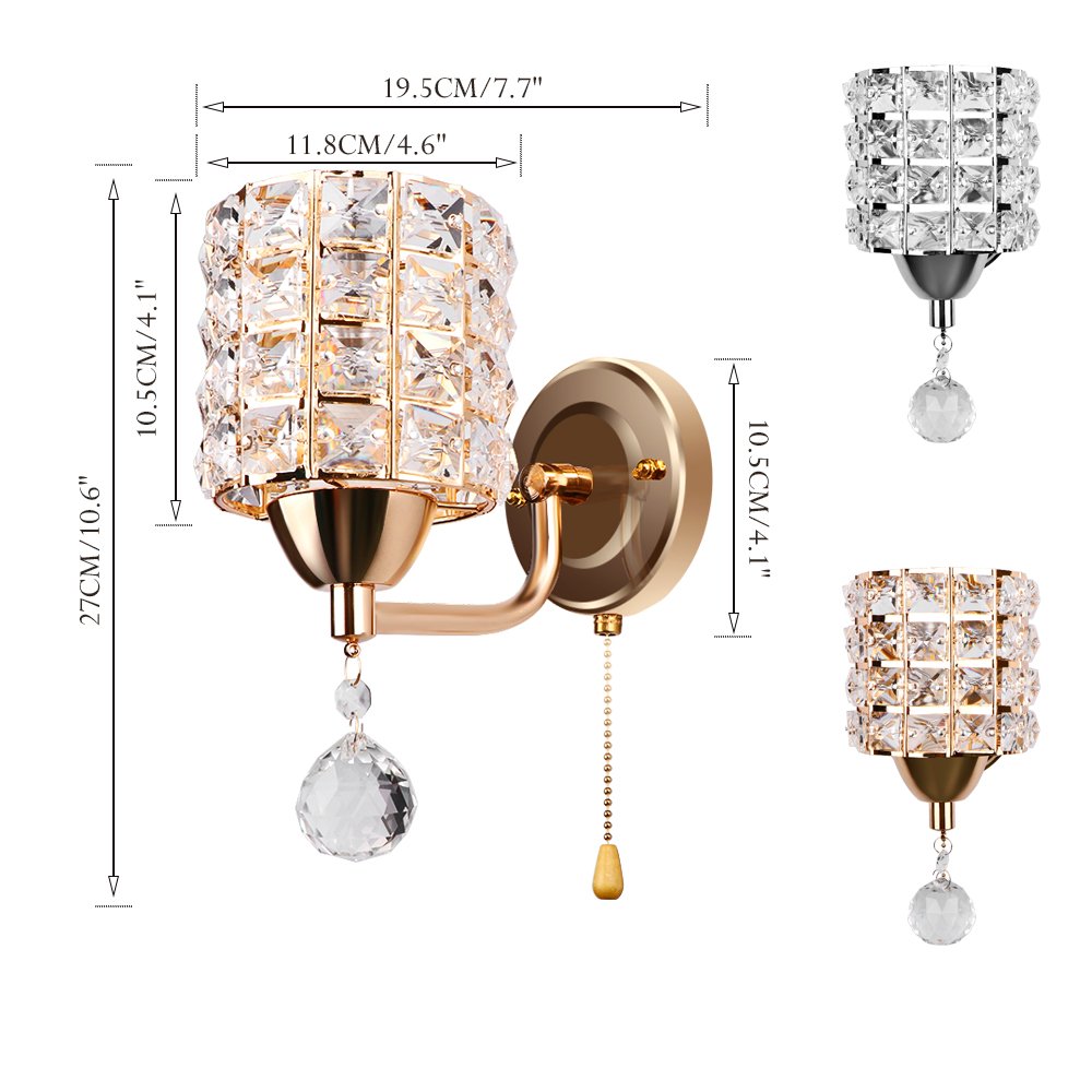 ALLOMN Moderne Wandleuchte, Kristall Pendelleuchte Schlafzimmer Gang Wohnzimmer Wandleuchte mit Leistung Ziehen Schalter E14 Steckdose (keine Lampe Enthalten) (Golden, 2 PCS)