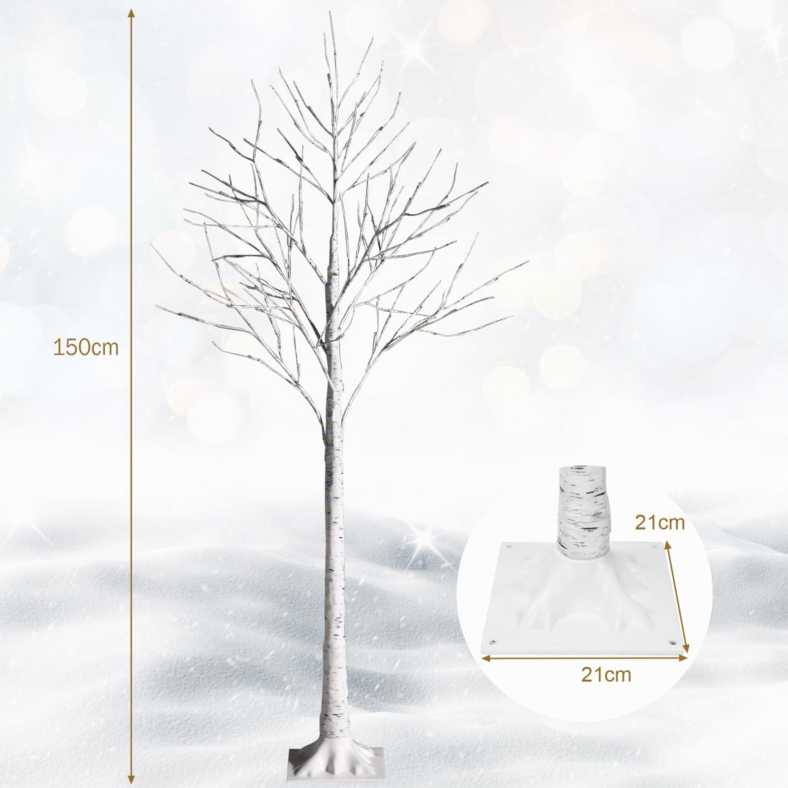 COSTWAY Albero Artificiale Illuminato con Rami di Betulla, Albero di Natale Bianco con Luci LED Calde e Bianche, Decorazione per Interno per Natale Pasqua Matrimonio (150cm)