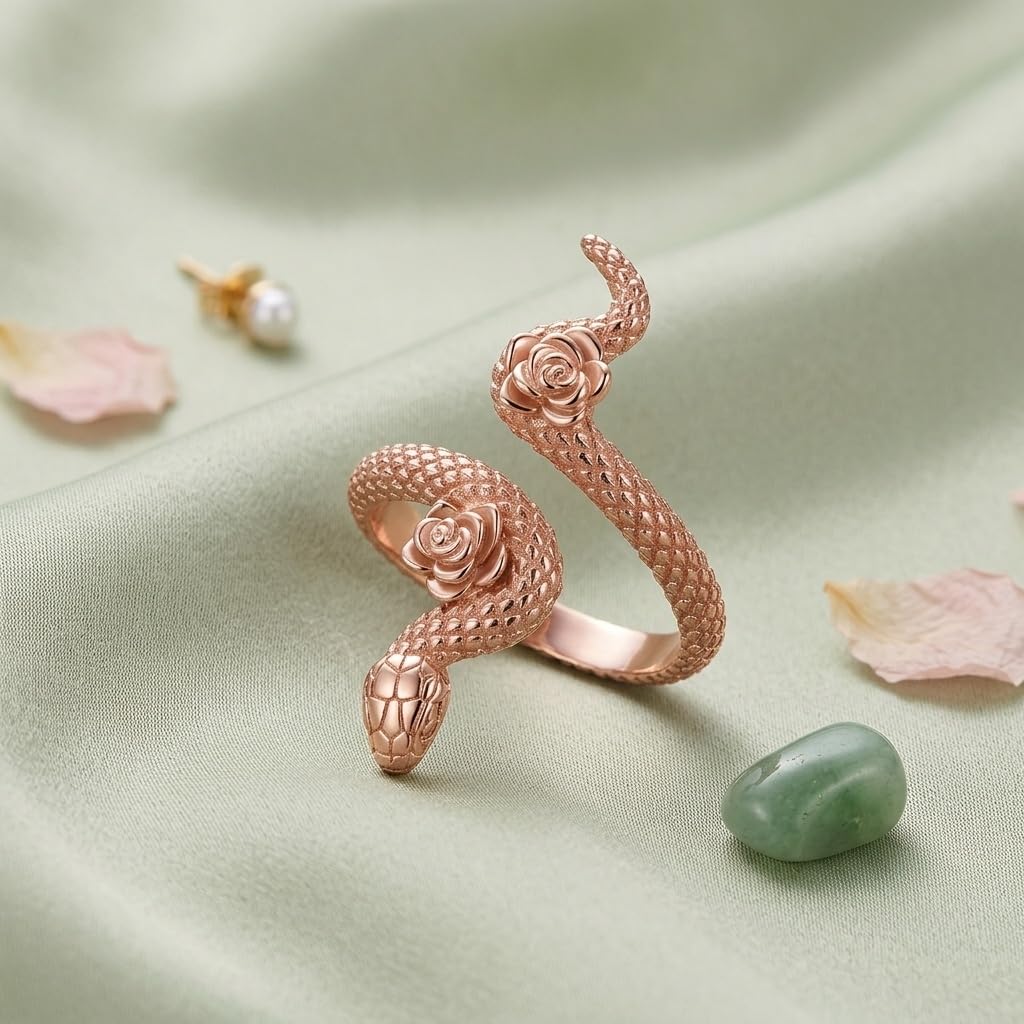 DAYLINLOVE Anillo gótico de serpiente de plata de ley 925, anillo abierto ajustable para el pulgar, joyería gótica de serpiente regalo para mujeres y niñas (chapado en oro rosa)