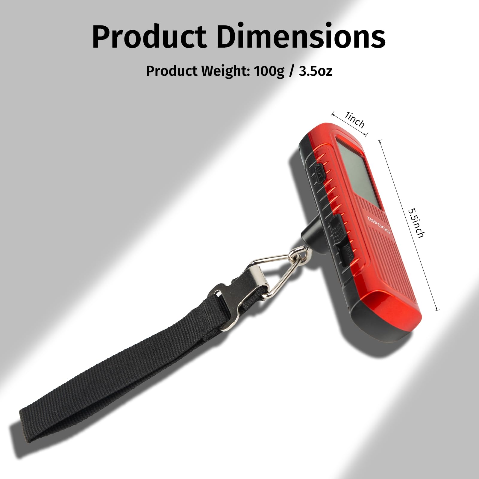 Infood Báscula digital de equipaje sin batería, báscula de peso de maleta con gancho y pantalla LCD para viajes, capacidad de 110 libras/50 kg, color rojo
