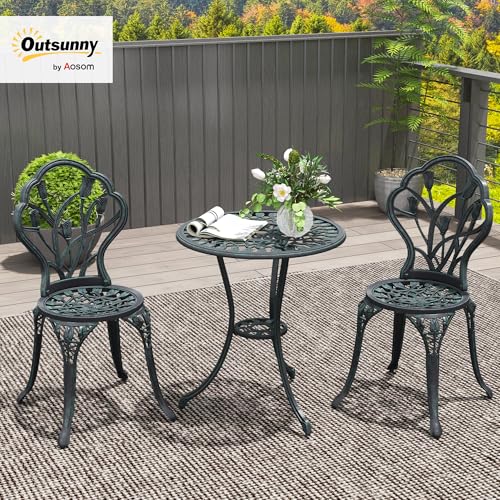 Outsunny Ensemble Salon de Jardin 2 Places 2 chaises + Table Ronde Fonte d'aluminium Imitation Fer forgé Vert – Image 3