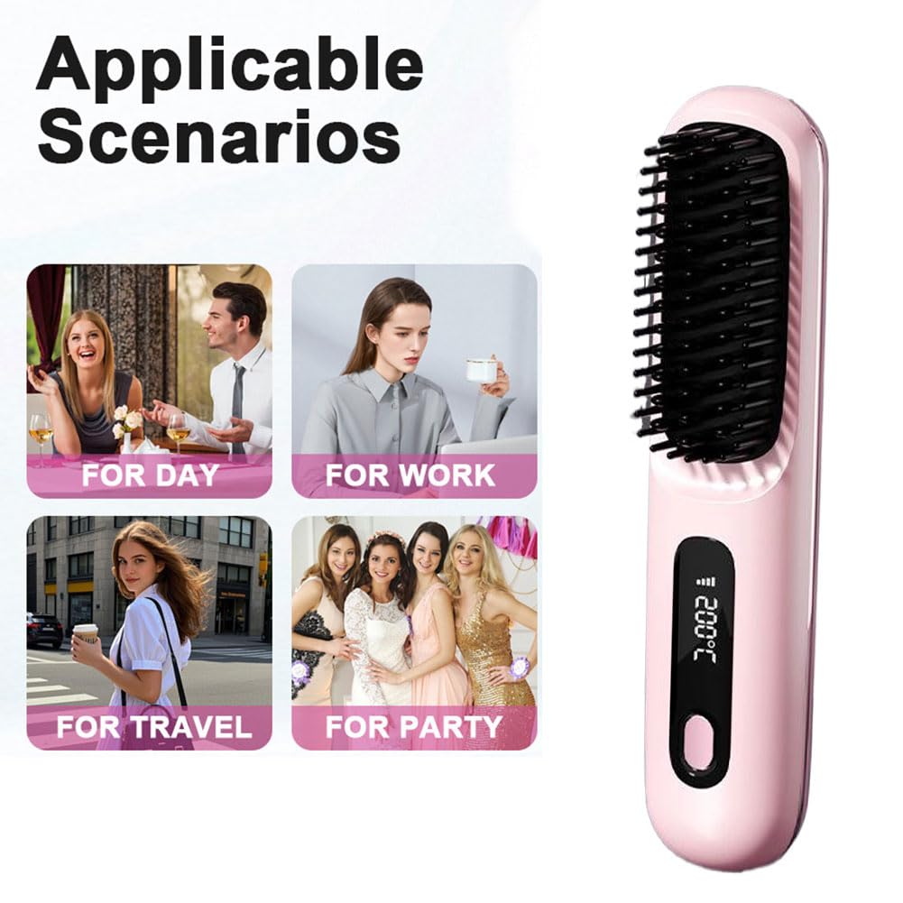 Brosse à Cheveux électrique, Brosse lissante sans fil, Rechargeable Brosse Chauffante pour Femmes et Hommes sans fil avec affichage LED - 3 Niveaux de Température - Pour lisser et Boucler (Rose)