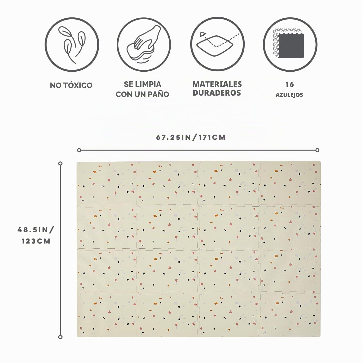 3 Sprouts Alfombra Puzzle Bebé EVA, Resistente al Agua, Terrazo Crema | superficie suave para gatear y rodar; piezas conectables de espuma EVA; se limpia fácil y se guarda de forma compacta