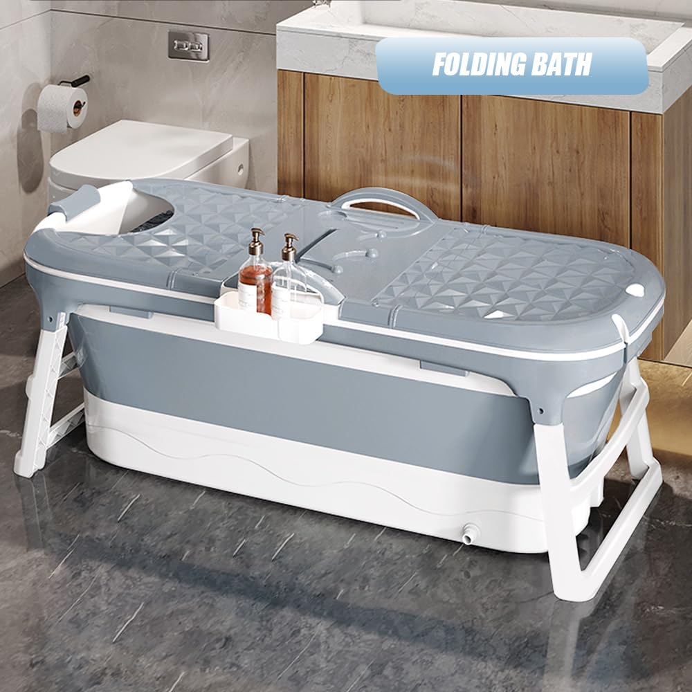 Vasca da bagno pieghevole per adulti, vasca da bagno portatile, barile da bagno, piscina da bagno in plastica, vasca da bagno extra grande per adulti con coperchio, 118 x 60 x 53 cm (grigio)