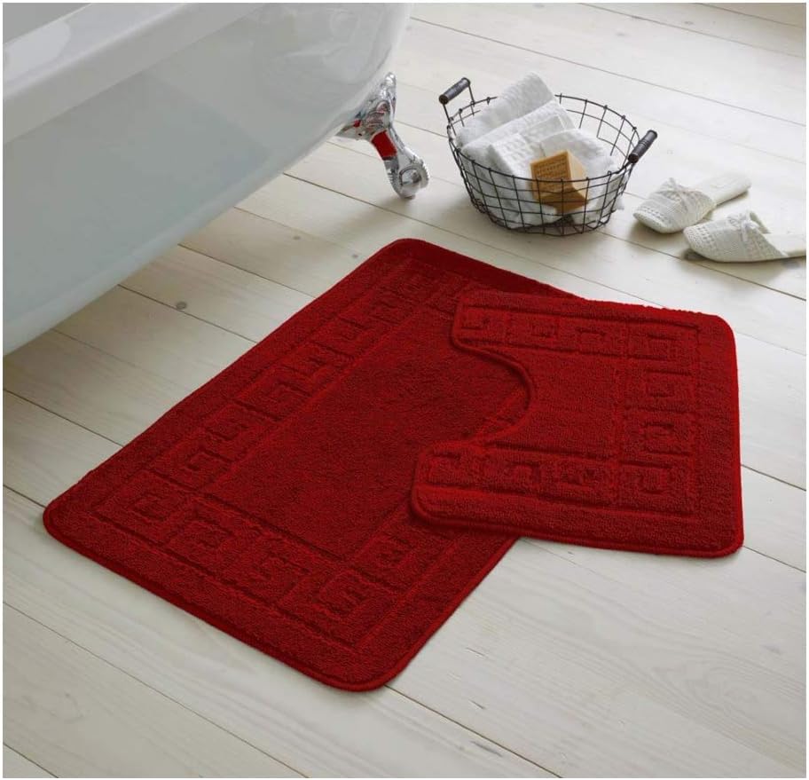 De Lavish Bath Mat Set 2 Piece Non Slip Rubber Pedestal and Bath Mat Set Toilet Greek Bathroom Rug New (Red)
