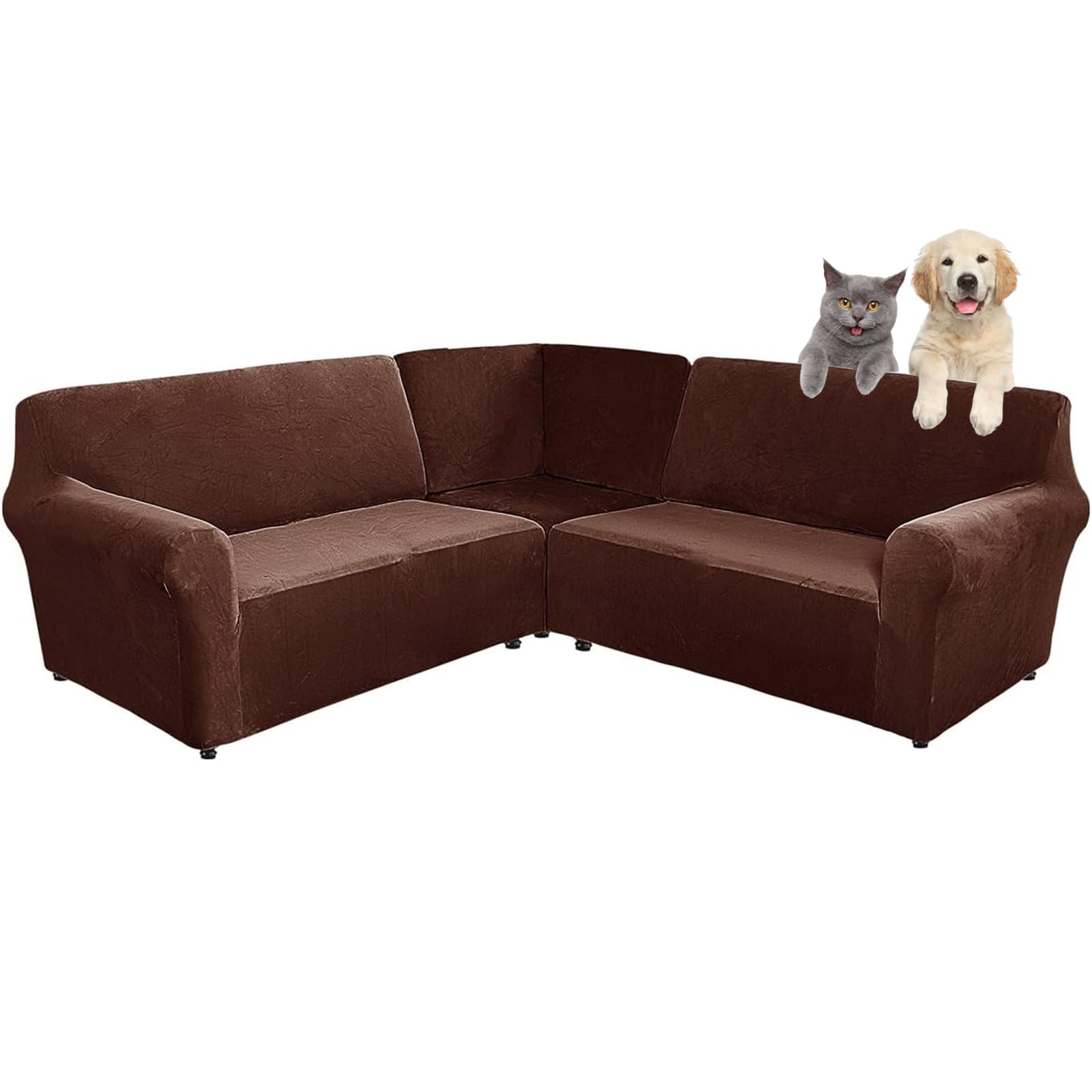 3-teilige Corner Couch Abdeckung, Sofabezug L Form Stretch Sofabezug aus Samt für 5/7 Sitzer Ecksofa, Anti Rutsch Sofa Überzug L Form Dicker weicher waschbarer Möbelschutz (Brown-3,5-Seater)