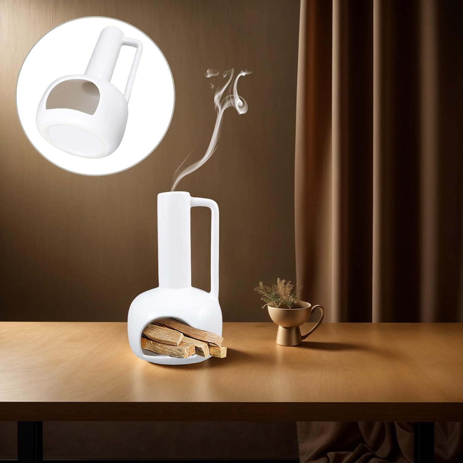 Ceramic and Herbal Burning Stick Holder Incense Burner with Handle White for Home Yoga Room Décor