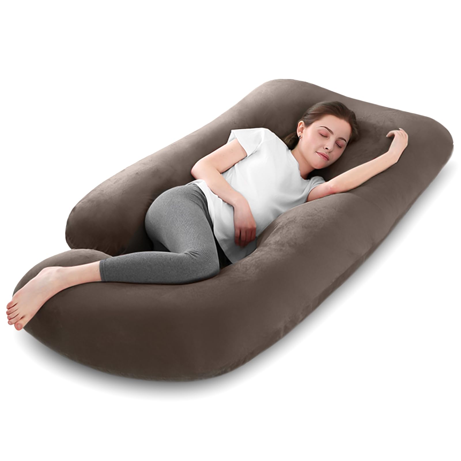 Mozvvco Almohada de Embarazo, Almohada de Cuerpo Completo en Forma de J, Almohada Embarazada Grande, Almohada de Maternidad con Funda de Terciopelo Extraíble y Lavable (Marrón)