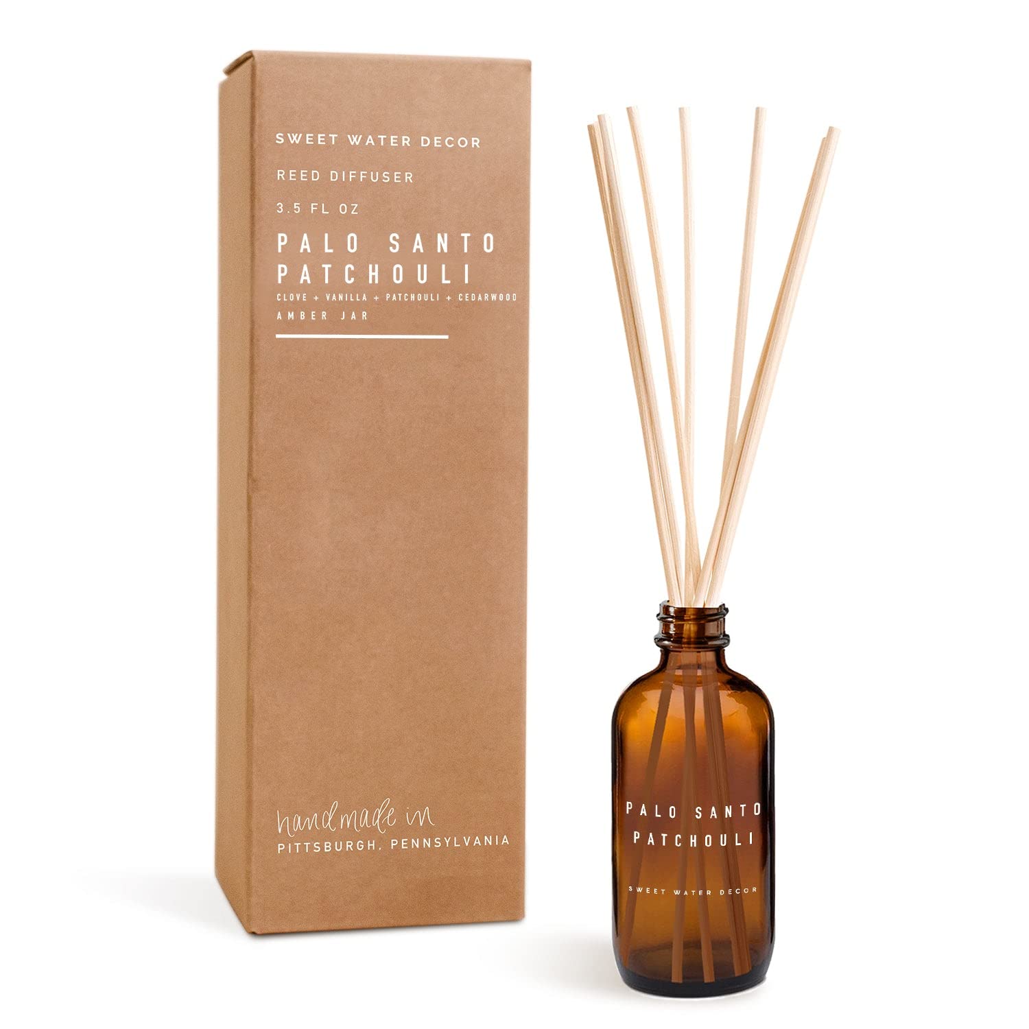 Sweet Water Decor Palo Santo Patchouli Amber Reed Diffuser Set | Clove, Vanilla, Patchouli, Sandalwood Spa Scented Diffusers | Air Freshener | Housewarming Gift | Aromatic Stress Relief
