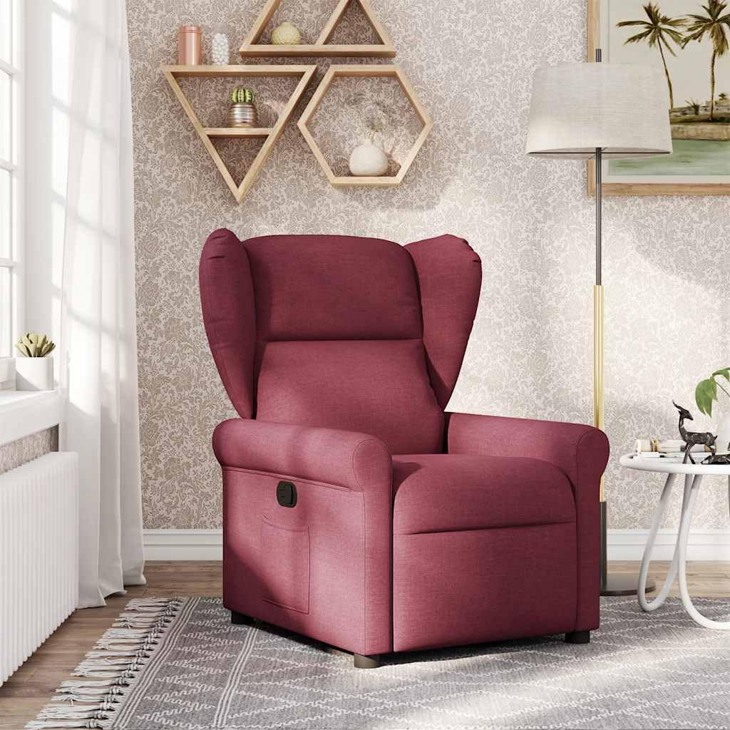 Fotel relaksacyjny w kolorze czerwonego wina z ręczną funkcją leżenia, wygodne krzesło tapicerowane do salonu i biura, ergonomiczny z podłokietnikami, stabilna rama z drewna i metalu