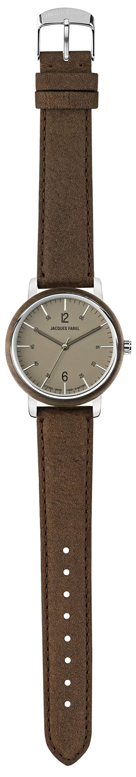 Jacques FAREL Hayfield Nachhaltige Damen Holz-Armbanduhr Walnuss Öko-Leder Terra-Braun Analog Quarz Stahl-Gehäuse 3 Bar ORW 1002