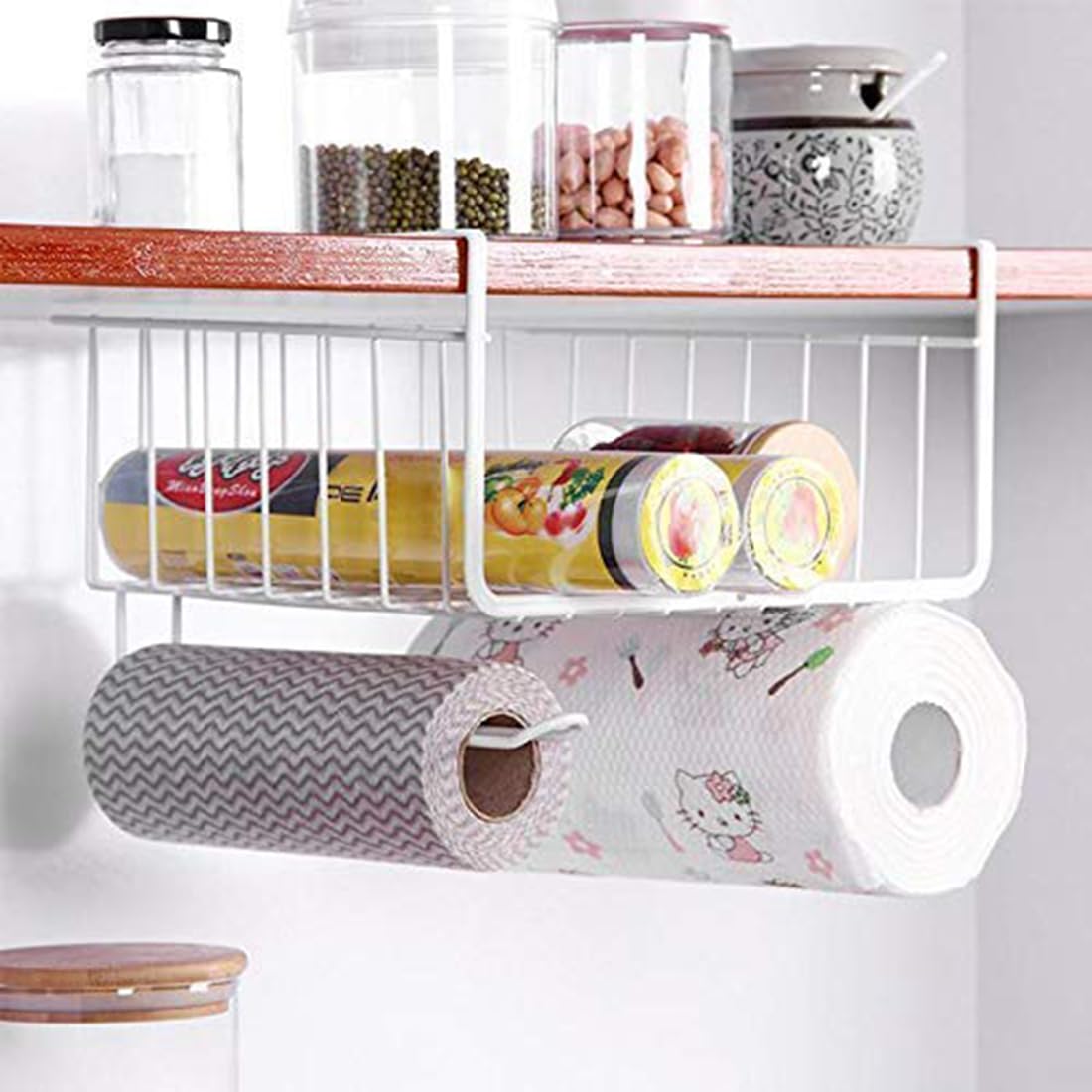 Iron Multifunctional Kitchen Under Cabinet Shelf Basket Wire Rack Organizer Storage with Tissue Holder, (S11088, White, 1)-image-32