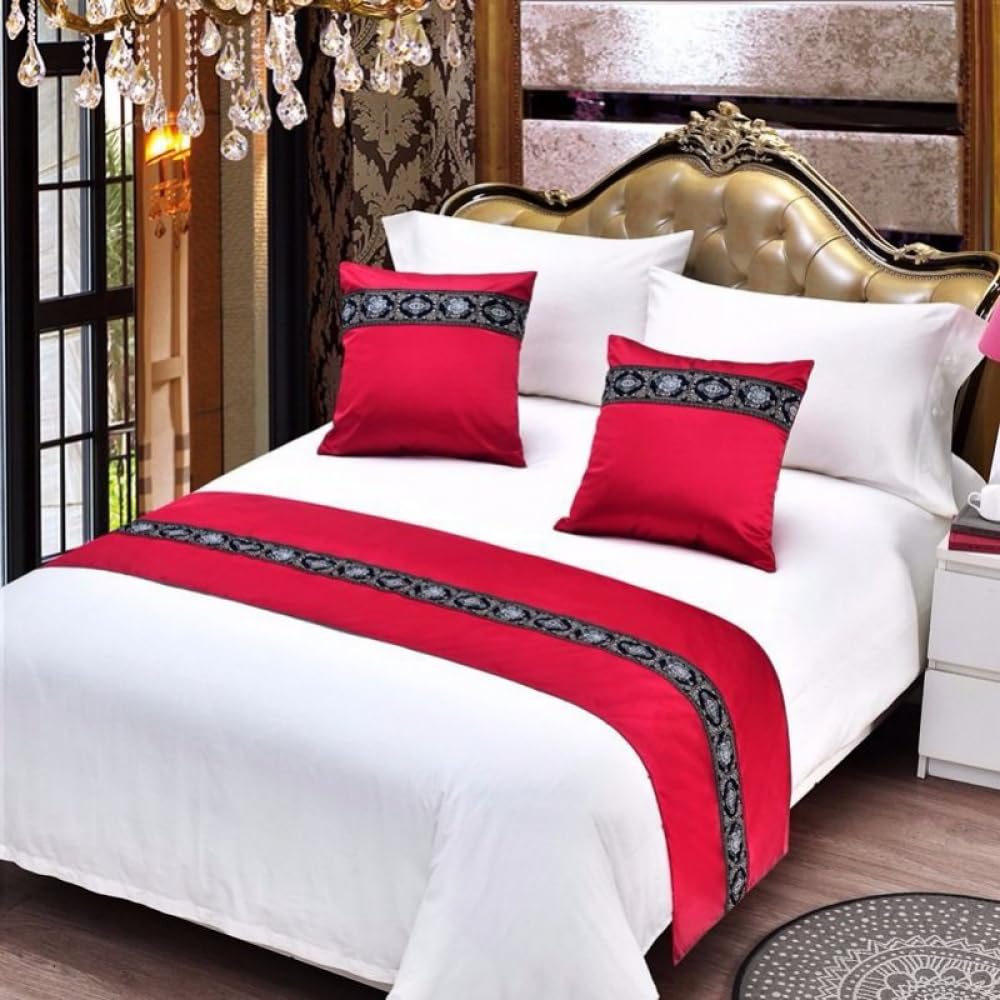 Janmeyo Red Bed Runner Bedspread High-End Embroide Hotel Bedroom Home Bed Decorations Soft Bedding Protector Modern Comfortable Bed Scarf Single Double King Size Bed Runners-||50X240cm(1.8M Bed)