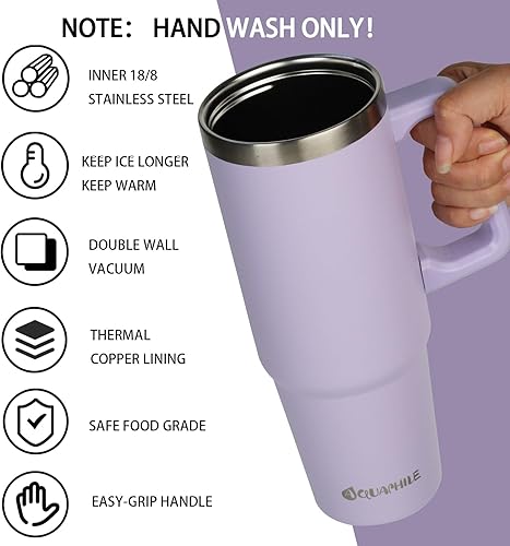 Miniatura 2 de AQUAPHILE Vaso de 35 onzas con asa, vaso de café aislado con tapa a prueba de fugas y popote, botella de agua reutilizable de acero inoxidable, taza