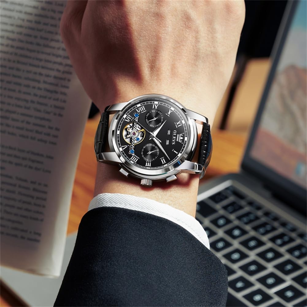 OLEVS Men's Watch Automatic Luxury Dress Tourbillon Chronograph Big Face Calendar Self Winding Wrist Watches for Men Business Moon Phase Mechanical Male Watches Luminous Waterproof