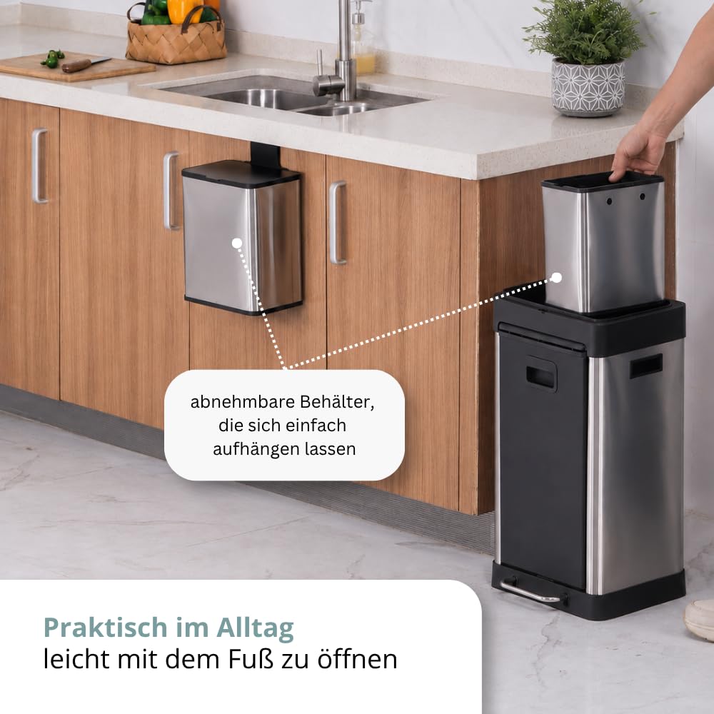 hjh OFFICE Mülleimer CLEAN 3 – Mülltrennsystem mit 3 Fächern, 2x 6L + 1x 20L, Soft-Close-Deckel, Edelstahl-Abfalleimer für Innenbereich, Silber
