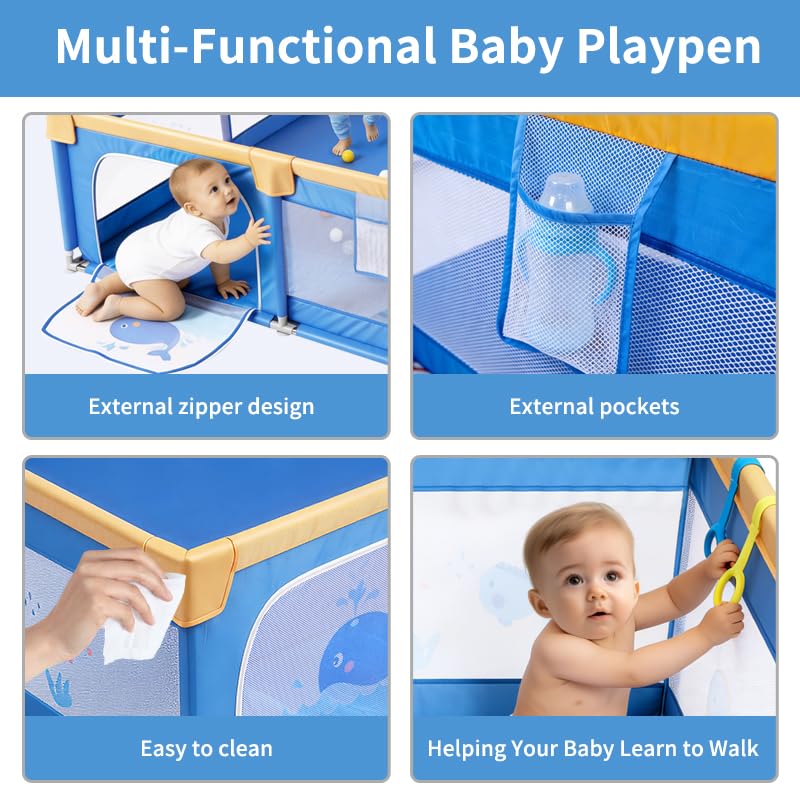 Baby Playpen for Toddlers: 6.56x6.56 ft Kid-Safe Enclosed Play Yard | Non-Slip Base, Breathable Mesh - Easy-Portable for Indoor & Outdoor Baby Play Spaces - Blue