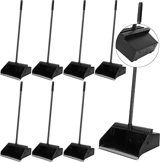 Leumoi 8 Pcs Dust Pans with Long Handle Set 36.6 Inch Commercial Dust Pan with Comb Large Plastic Stand up DustPans for Outdoor Indoor Restaurant Home Office Floor Cleaning (Black)