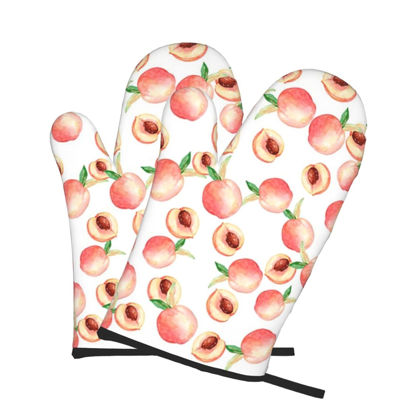 Oven Mitts Set of 2 Pcs, Watercolor Peach Prints Heat Resistant Kitchen Gloves for Cooking Baking Grilling