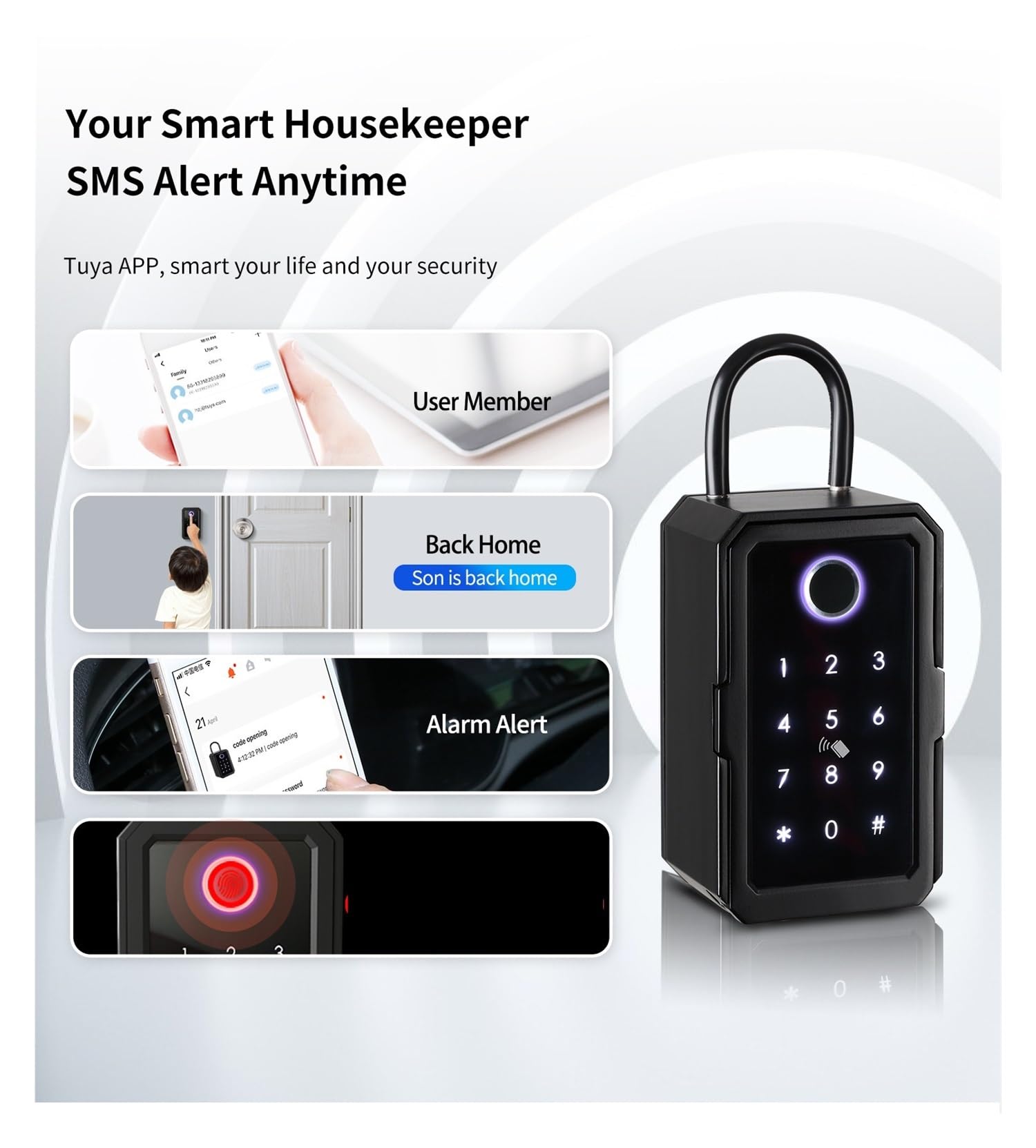 Coffre-fort, TTLOCK/Tuya Empreinte Digitale Smart Key Lock Box Coffres-forts IP65 Étanche Mot De Passe Téléphone Contrôle Mural Clés Coffre-fort Stockage Serrure Boîte(Tuya version)